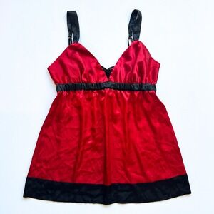 Vintage Morgan Taylor Red Satin Babydoll Top with Black Trim
